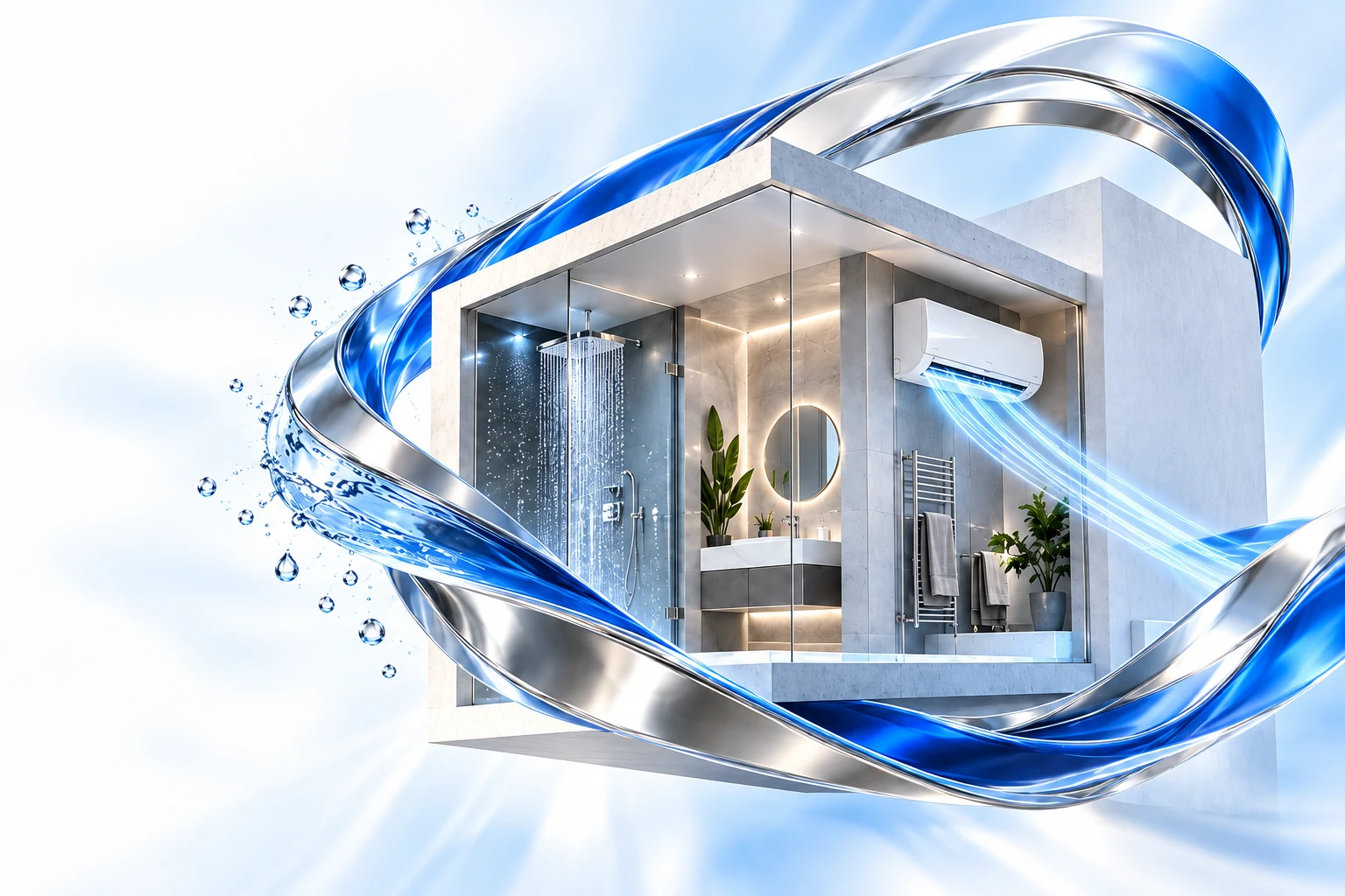 Illustrazione di un ambiente moderno con dettagli blu e cromati